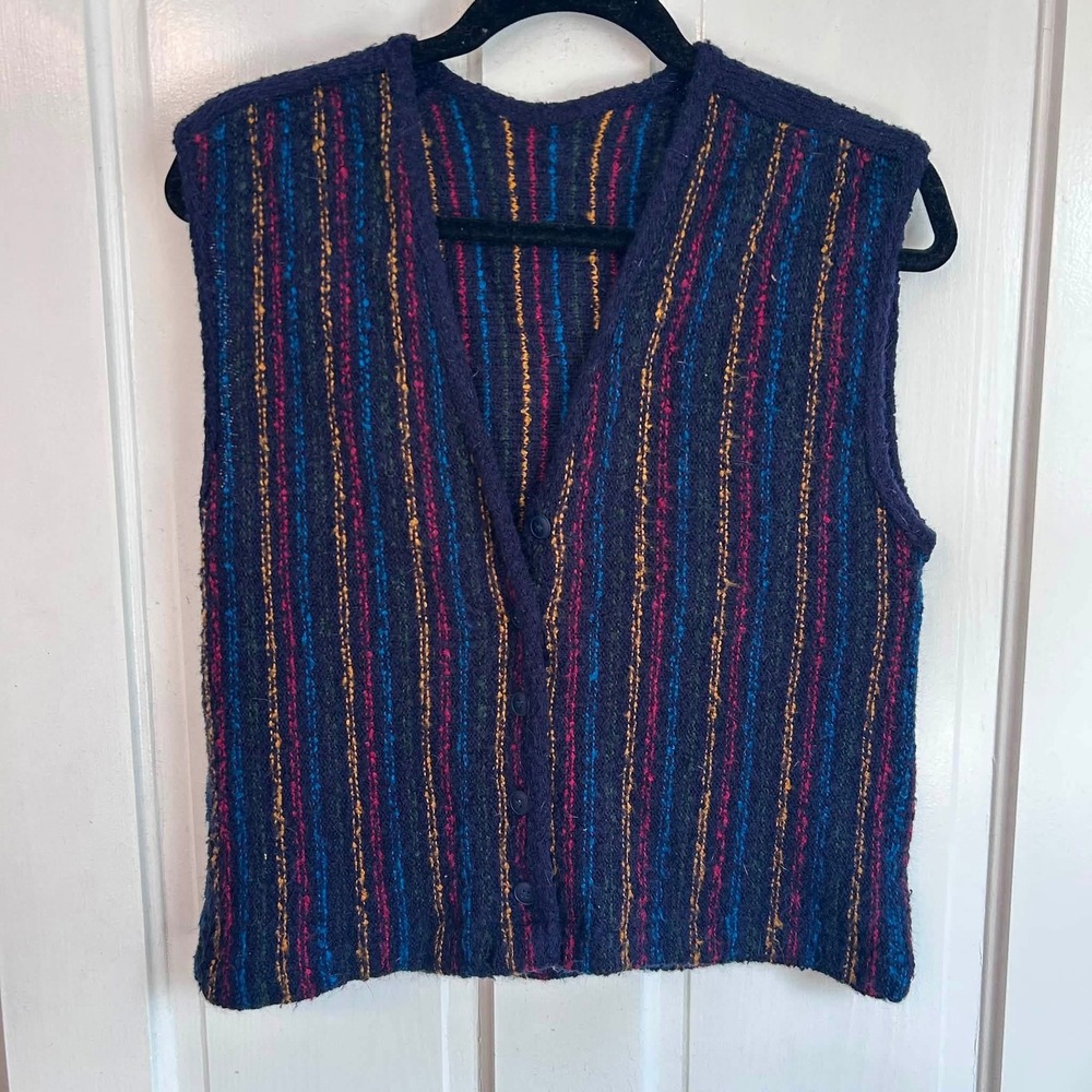 Vintage Knit Sweater Vest Women Size 8 Navy Blue Multicolor Striped Mohair Blend